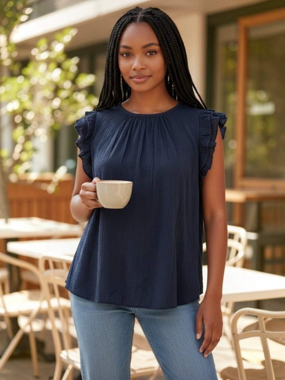 Loft Navy Ruffle Sleeve Women's Top Size Small